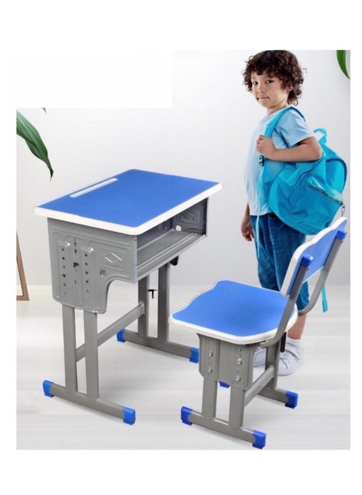 A children's study desk set consisting of 4 pieces (two tables and two chairs), a chair and a study table An educational desk set made of iron and fiber