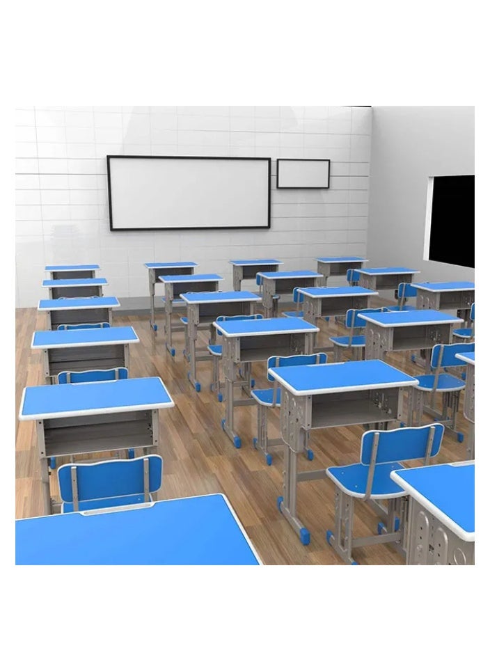 A children's study desk set consisting of 4 pieces (two tables and two chairs), a chair and a study table An educational desk set made of iron and fiber