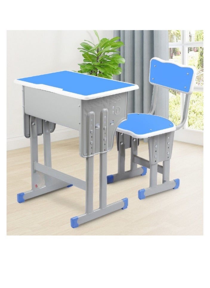 A children's study desk set consisting of 4 pieces (two tables and two chairs), a chair and a study table An educational desk set made of iron and fiber