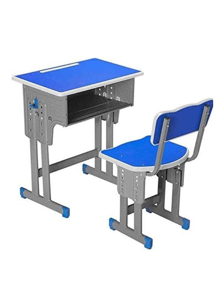 A children's study desk set consisting of 4 pieces (two tables and two chairs), a chair and a study table An educational desk set made of iron and fiber