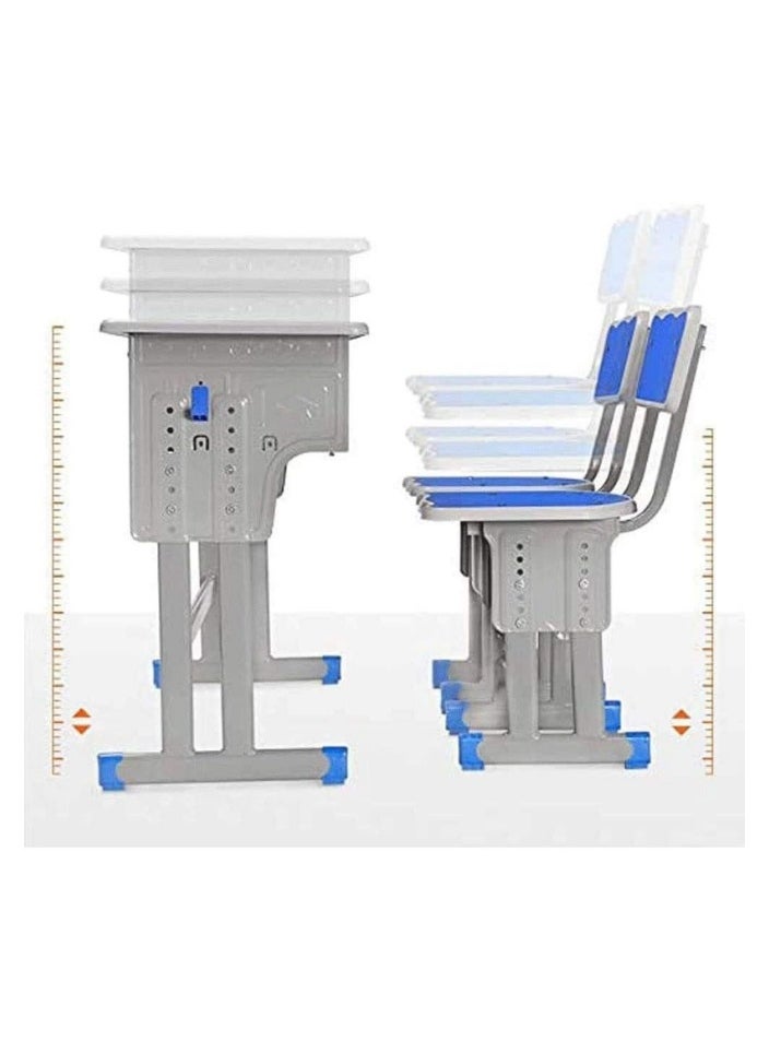 A children's study desk set consisting of 4 pieces (two tables and two chairs), a chair and a study table An educational desk set made of iron and fiber