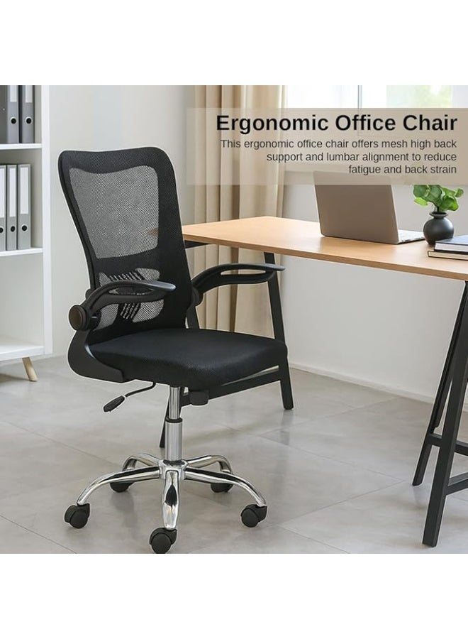 مالتي هوم فيرنيتشر كرسي مكتب متعدد الاستخدامات مريح - كرسي مكتب شبكي قابل للتعديل مع دعم قطني، ومساند ذراع قابلة للطي، وعجلات، وظهر مرتفع، مناسب لمحطات العمل، وغرف الدراسة، والمكتب المنزلي (أسود) - Image 2