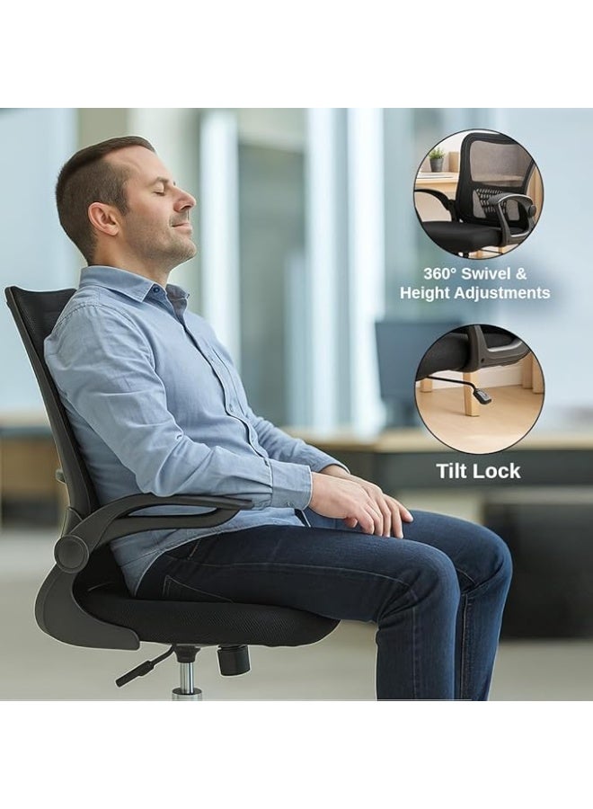 مالتي هوم فيرنيتشر كرسي مكتب متعدد الاستخدامات مريح - كرسي مكتب شبكي قابل للتعديل مع دعم قطني، ومساند ذراع قابلة للطي، وعجلات، وظهر مرتفع، مناسب لمحطات العمل، وغرف الدراسة، والمكتب المنزلي (أسود) - Image 4