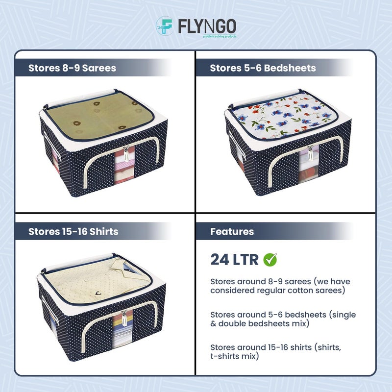 FLYNGO صندوق تخزين الملابس القابل للطي من فلينجو بإطار فولاذي لتنظيم الملابس لخزانة الساري والقمصان والأغطية سعة 24 لتر عبوة من 2 - Image 3