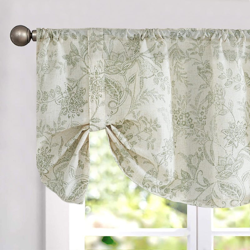 Lazzzy Kitchen Tie Up Valance Curtain Linen Floral Farmhouse Valance for Living Room Bathroom Bedroom Country Valances Window Treatments Small Cafe Curtian 18 Inch Rod Pocket 1 Panel Green on Beige