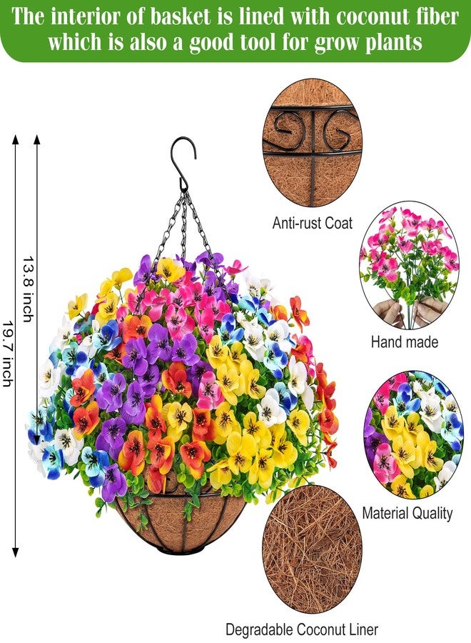 Besteek Artificial Hanging Flowers with Baskets for Outdoors, Fake Silk Pansy Flowers UV Resistant Faux Hanging Plants for Front Porch Patio Yard Home Spring Summer Decoration, Multicolor - Image 2