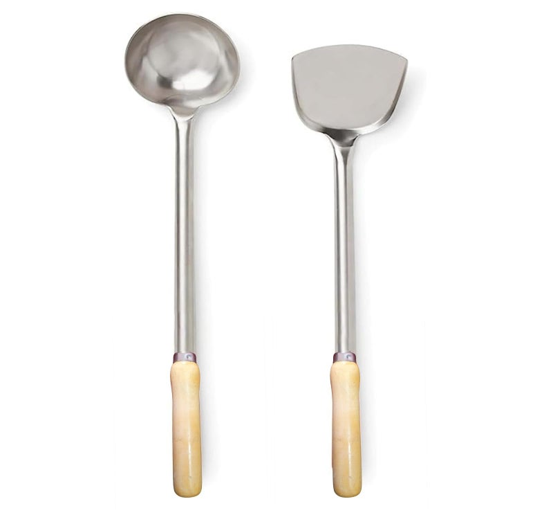 SBA PRIME Stainless Steel Wok Spatula and Ladle Set with Wooden Handles 2 Piece Cooking Tool Set for Stir Fry Deep Fry and Serving - Image 1