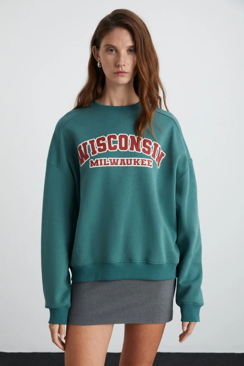 جريميلانج Apollania Women's Cotton-Polyester Round Neck Petrol Green Sweatshirt
