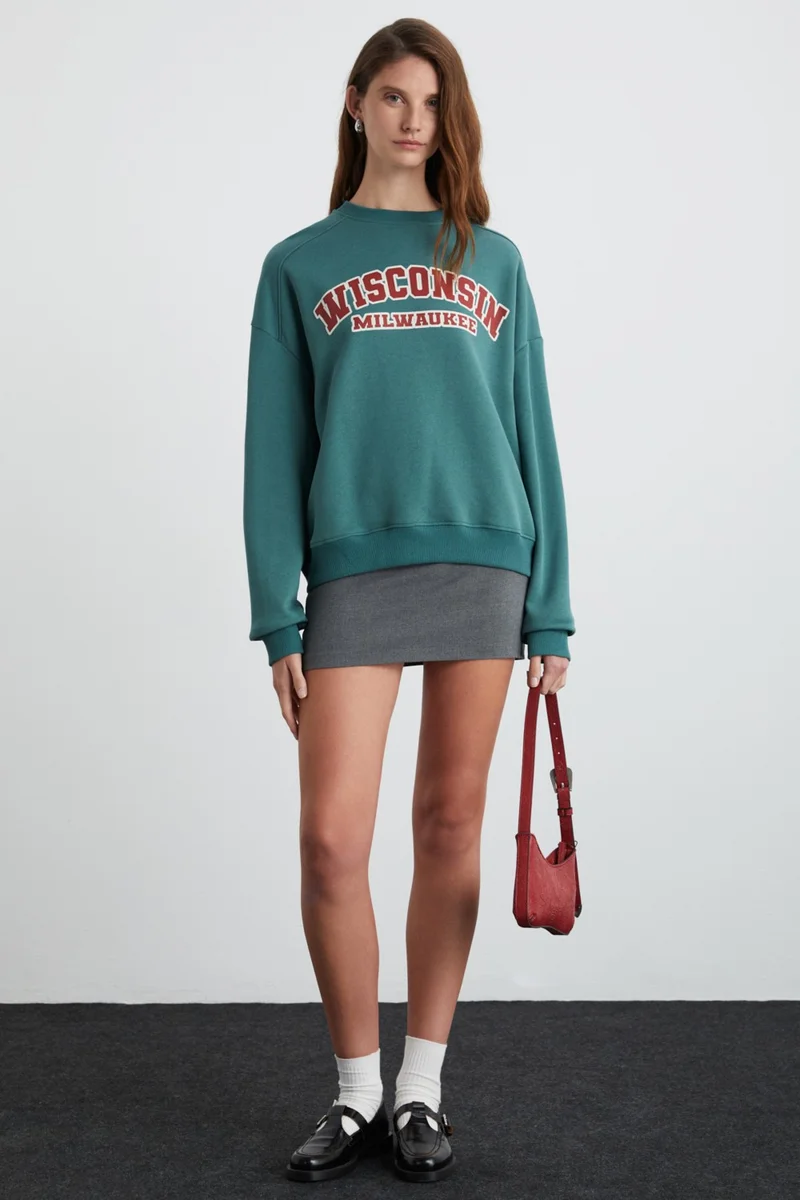 جريميلانج Apollania Women's Cotton-Polyester Round Neck Petrol Green Sweatshirt