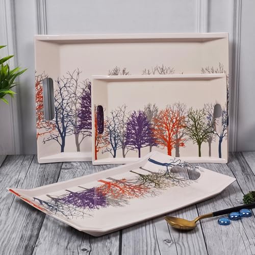 UPC U.P.C. Melamine Tray Set for Serving/Serving Tray Set of 3/ Premium Printed Tray for Serving/Multi-Use Nashta Plate (Small, Medium & Large), Rectangular - Image 1