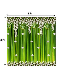 DHARA CREATION Dhara Green Backdrop with Flowers Printed 8FT8FT Backdrop Cloth for Pooja Decoration Traditional Background Curtain Cloth for Festival Washable Fabric  - Image 2