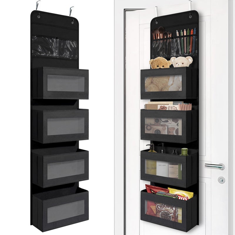 Over Door Organizer with 4 Large Capacity Pockets Hanging Organizer Storage for Closet Bathroom Nursery Bedroom Dorm Toys Cosmetics Sundries and Baby Essentials Black