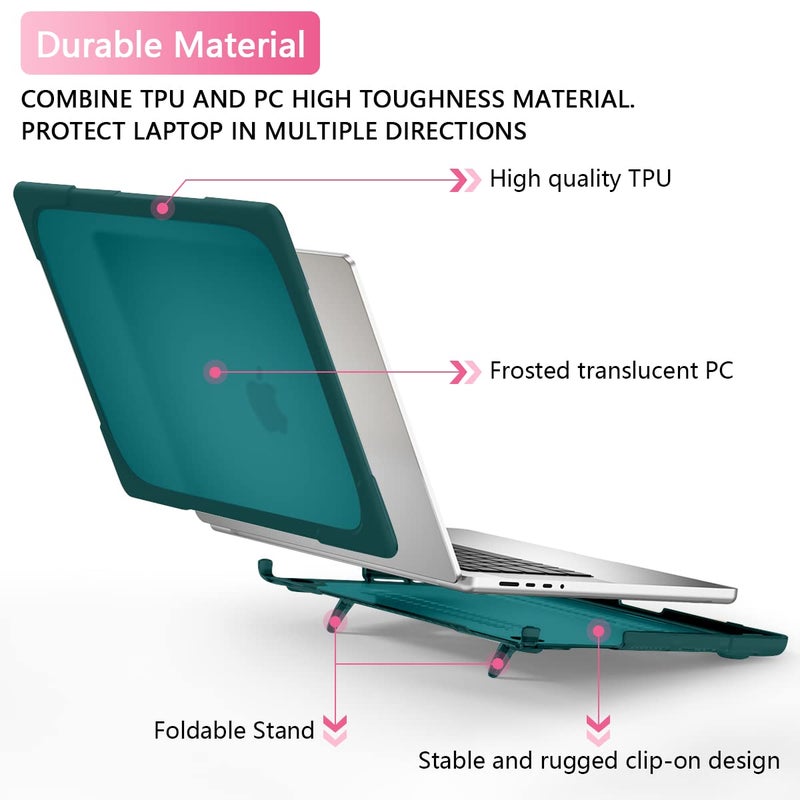 Batianda Heavy Duty Case for New MacBook Pro 14 Inch 2026 2025 M5 M4 M3 M2 Pro/Max Chip- Ergonomic Foldable Kickstand (Holds 22lbs/Zero Wobble) Matte Translucent Rugged Armor Cover, Deep Teal - Image 2