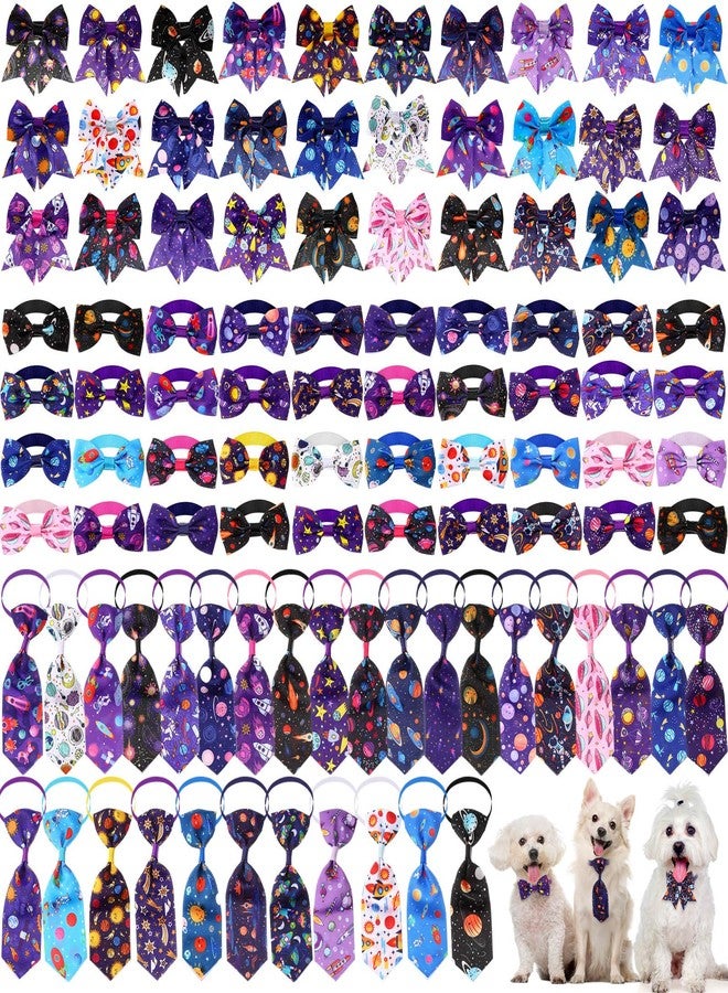 Reginary 100 Pieces Dog Bow Tie Collar Set Include 30 Pcs Neckties, 30 Pcs Collar Flowers and 40 Dog Bowties Adjustable Pet Accessories for Small Medium Pet Supply(Planet Pattern) - Image 1