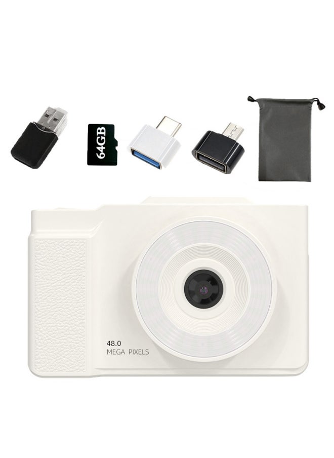 Generic - 6400W HD Flip Screen Micro Single Digital Camera Card Machine Shooting Camera Student Entry Level CCD Camera-Body Color:White (flip Screen) + 64g Memory Card + Card Reader + 2 Conversion Heads + Bag - Image 1