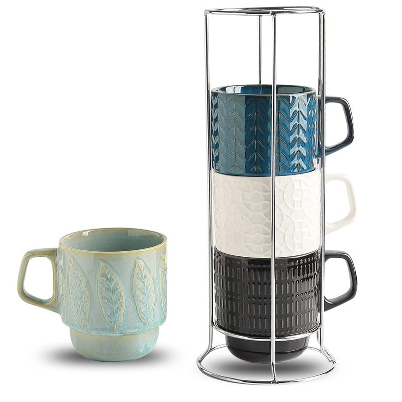 KOOV Ceramic Coffee Mug Set with Stand 16 oz Coffee Mug for Coffee Tea Cocoa Stackable Ceramic Coffee Cup Set of 4 Large Coffee Mugs Set of 4 Drinking Vessels for Women Men Blueset