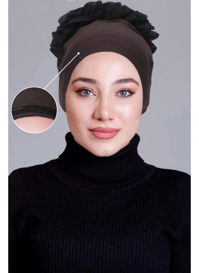 ناناك Brown Lycra Frilly Non-Slip Bonnet