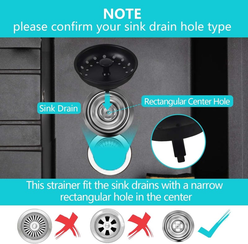 3.3 قطعة من مصفاة وسدادة حوض المطبخ، سدادة التخلص من النفايات المصنوعة من الفولاذ المقاوم للصدأ المضادة للانسداد، سدادة التخلص من القمامة، مصفاة سلة مثقبة لتصريف المياه أو الاحتفاظ بالمياه لتصريف حوض المطبخ القياسي، أسود - Image 2