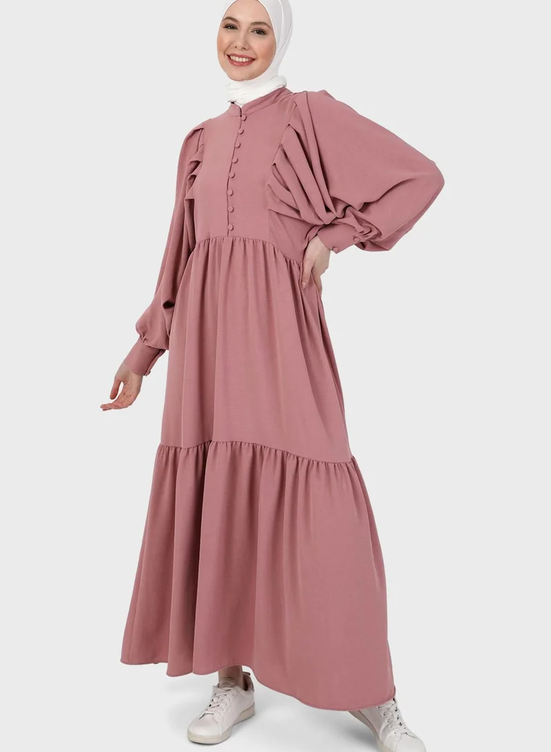 Refka by modanisa Buttoned Neck Balloon Sleeve Dress