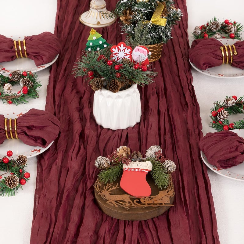 DeZerlor 4 Pack Christmas Table Runner Burgundy Red Cheesecloth Table Runner Boho Gauze Table Runner 120 inches Long Winter Table Decor for Wedding Baby Shower Xmas Party Decorations - Image 3