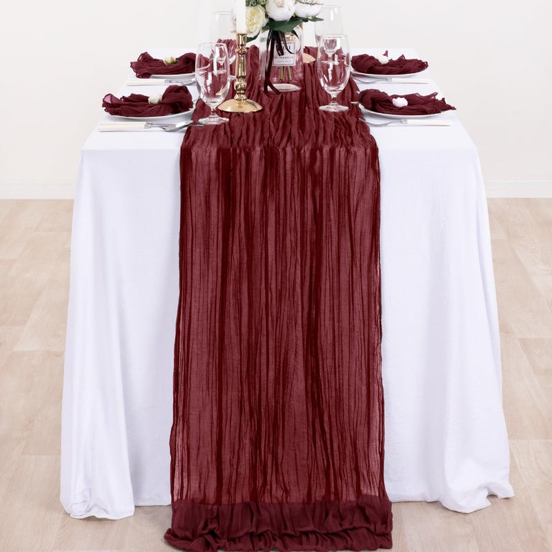 DeZerlor 4 Pack Christmas Table Runner Burgundy Red Cheesecloth Table Runner Boho Gauze Table Runner 120 inches Long Winter Table Decor for Wedding Baby Shower Xmas Party Decorations - Image 4