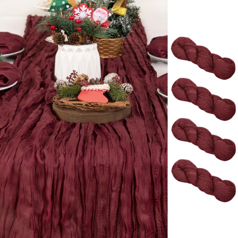 DeZerlor 4 Pack Christmas Table Runner Burgundy Red Cheesecloth Table Runner Boho Gauze Table Runner 120 inches Long Winter Table Decor for Wedding Baby Shower Xmas Party Decorations - Image 1