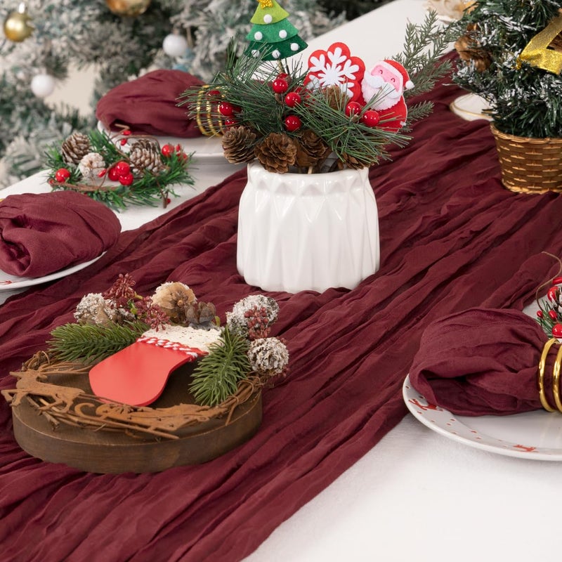 DeZerlor 4 Pack Christmas Table Runner Burgundy Red Cheesecloth Table Runner Boho Gauze Table Runner 120 inches Long Winter Table Decor for Wedding Baby Shower Xmas Party Decorations - Image 5