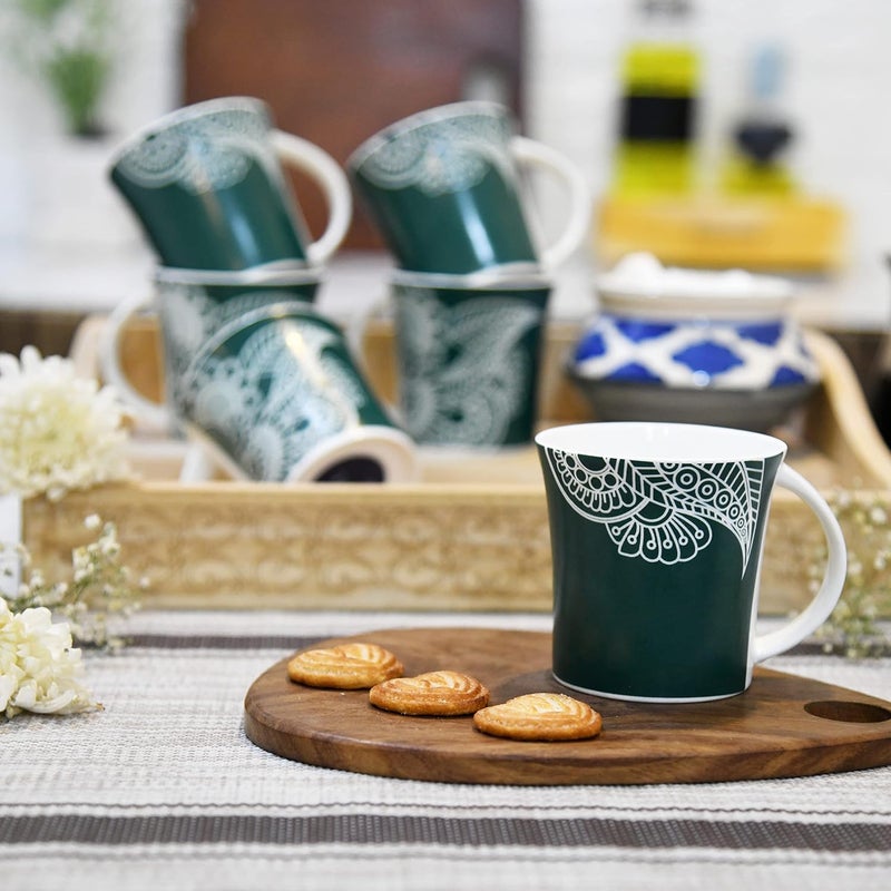 Femora Turquoise Rich Paisley Pattern Tea Mugs Ceramic Tea Cups Coffee Mugs 160 ml 6 Pcs Set Green - Image 1