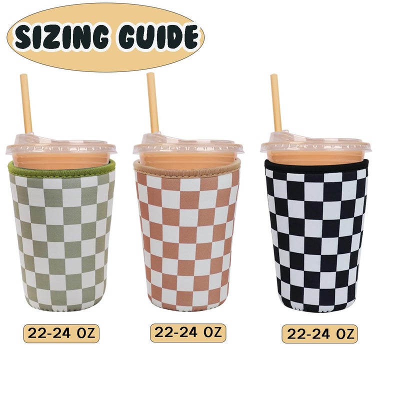 Haevola 3 Pieces Reusable Insulated Neoprene Iced Coffee Cup Sleeve, Durable Drink Sleeve for Cold Beverages, Beverage Holder for Iced Coffee, 22-24 oz Medium (Checkered Delight) - Image 5