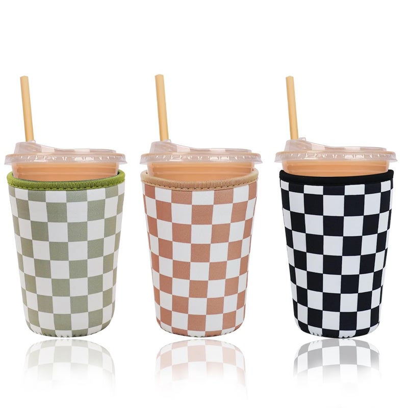 Haevola 3 Pieces Reusable Insulated Neoprene Iced Coffee Cup Sleeve, Durable Drink Sleeve for Cold Beverages, Beverage Holder for Iced Coffee, 22-24 oz Medium (Checkered Delight) - Image 1