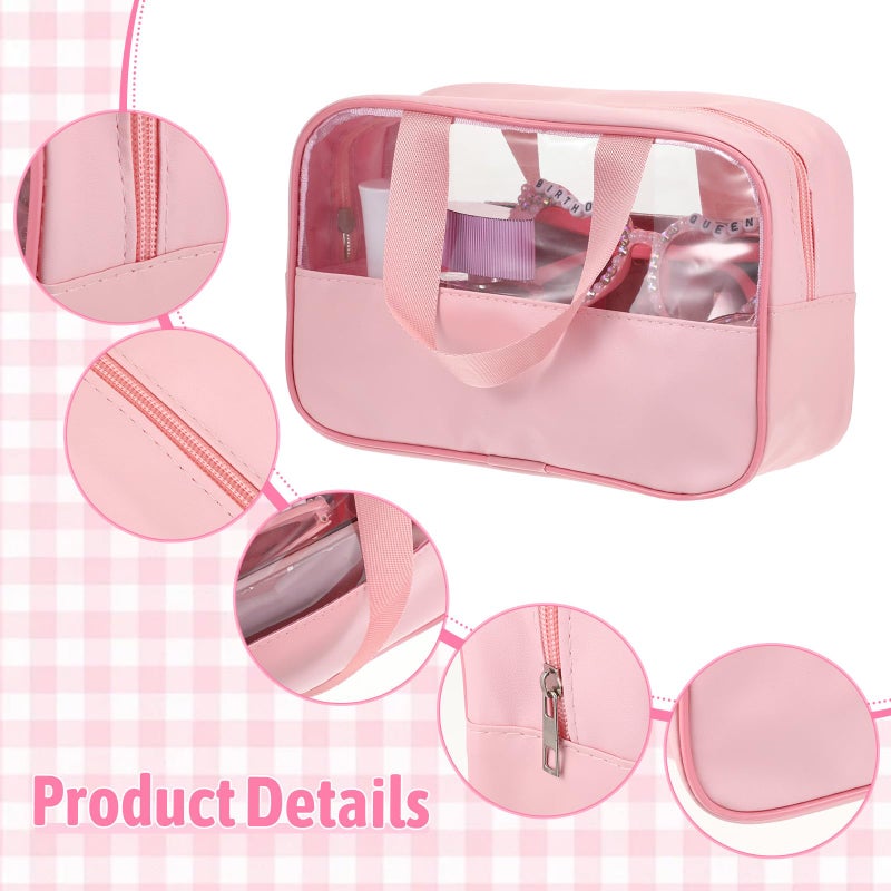 Exclaith 9 Pcs Translucent Make up Bag Pink Big Travel Cosmetic Makeup Toiletry Bag with Handle and Zipper Waterproof Portable Cosmetic Travels Bags for Travel Toiletries Accessories, 10.2 x 6.3 x 2.8 Inches - Image 3