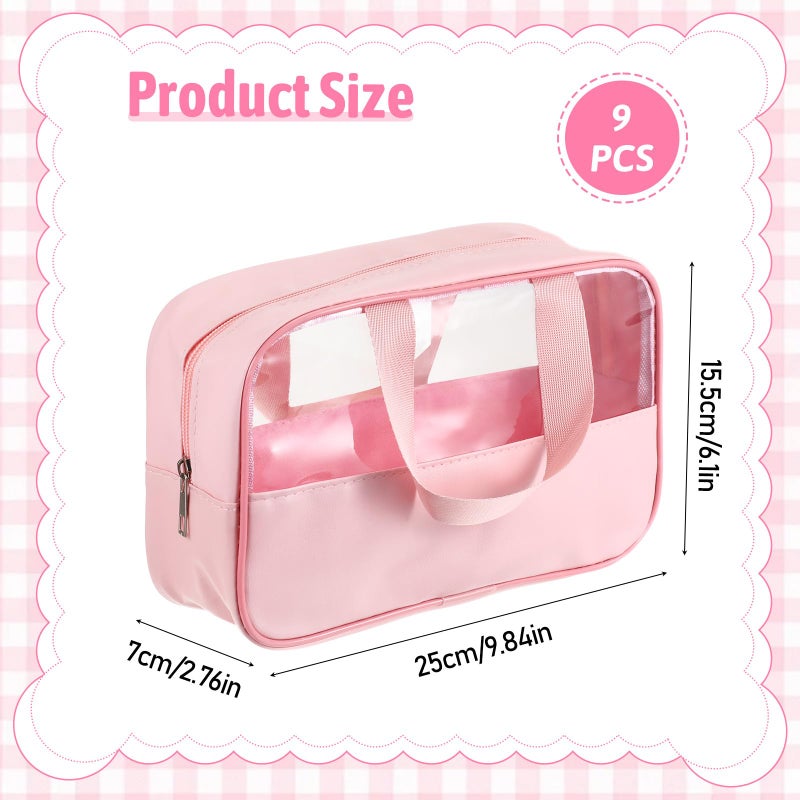 Exclaith 9 Pcs Translucent Make up Bag Pink Big Travel Cosmetic Makeup Toiletry Bag with Handle and Zipper Waterproof Portable Cosmetic Travels Bags for Travel Toiletries Accessories, 10.2 x 6.3 x 2.8 Inches - Image 2