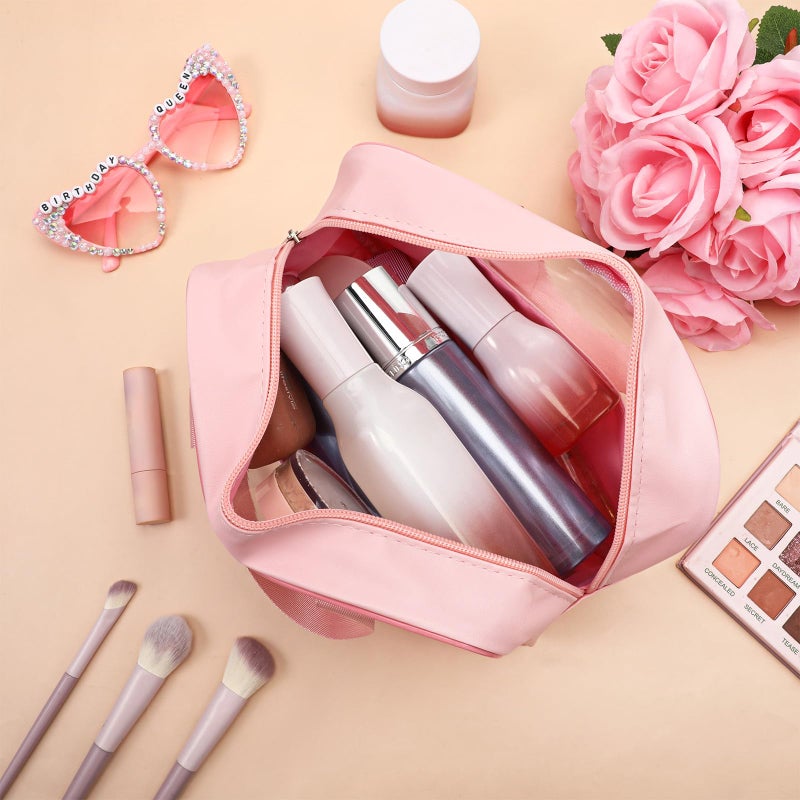 Exclaith 9 Pcs Translucent Make up Bag Pink Big Travel Cosmetic Makeup Toiletry Bag with Handle and Zipper Waterproof Portable Cosmetic Travels Bags for Travel Toiletries Accessories, 10.2 x 6.3 x 2.8 Inches - Image 4