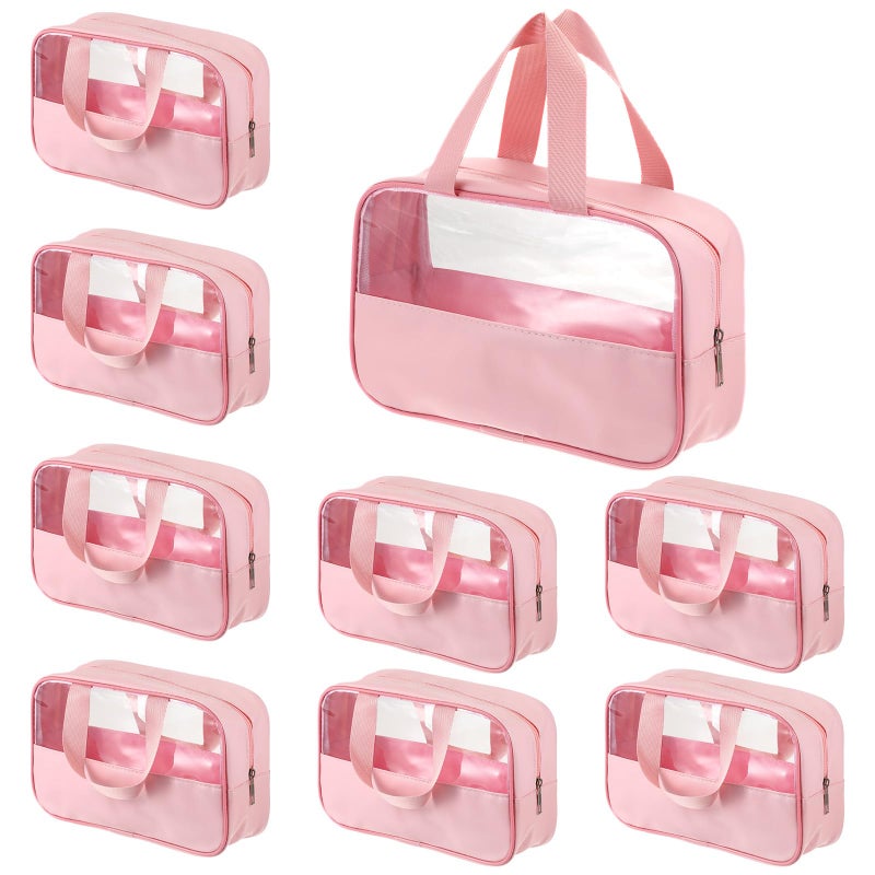 Exclaith 9 Pcs Translucent Make up Bag Pink Big Travel Cosmetic Makeup Toiletry Bag with Handle and Zipper Waterproof Portable Cosmetic Travels Bags for Travel Toiletries Accessories, 10.2 x 6.3 x 2.8 Inches - Image 1
