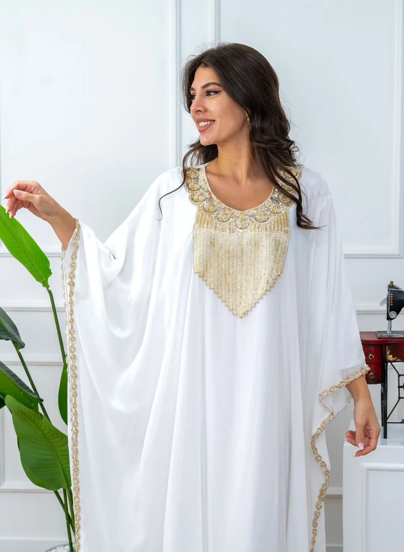 AL BENT AL SHARQIEH long sleeve jalabiya dress with embroidery neck