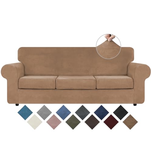 WEERRW 4 Pieces Polyester and Spandex High Stretch Couch Covers for 3 Cushion Couch Sofa Slipcovers, Furniture Protector with Non Slip Elastic Bottom, Feature Soft and Thick Plush Fabric, Camel, Large - Image 1