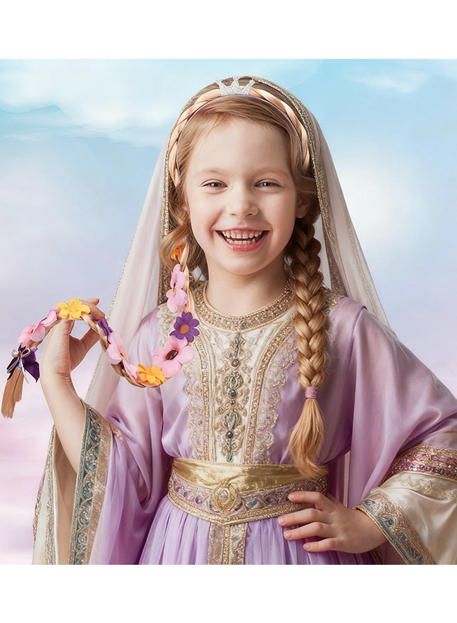 شعر مستعار طويل مضفر للأميرة رابونزيل، عصابات رأس، شعر مستعار للأميرة، قطعة شعر مع تاج وزهور ملونة للفتيات، عيد الهالوين، عيد الميلاد، حفلة تنكرية، إكسسوارات شعر، أرجواني - Image 4