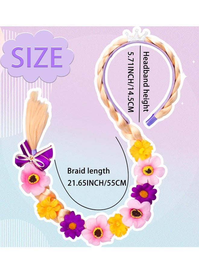 شعر مستعار طويل مضفر للأميرة رابونزيل، عصابات رأس، شعر مستعار للأميرة، قطعة شعر مع تاج وزهور ملونة للفتيات، عيد الهالوين، عيد الميلاد، حفلة تنكرية، إكسسوارات شعر، أرجواني - Image 2