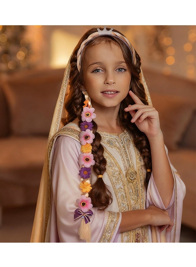 شعر مستعار طويل مضفر للأميرة رابونزيل، عصابات رأس، شعر مستعار للأميرة، قطعة شعر مع تاج وزهور ملونة للفتيات، عيد الهالوين، عيد الميلاد، حفلة تنكرية، إكسسوارات شعر، أرجواني - Image 5