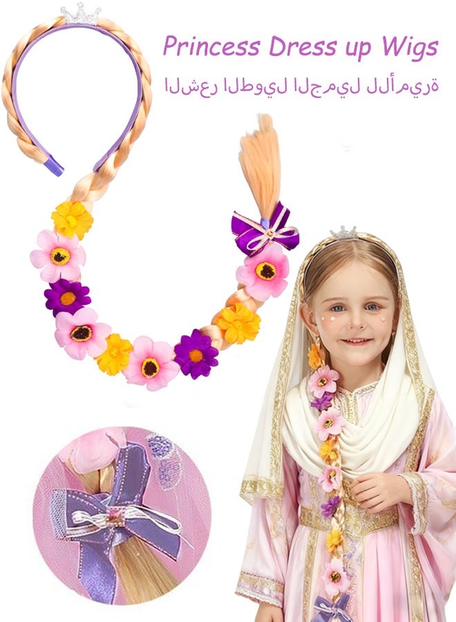 شعر مستعار طويل مضفر للأميرة رابونزيل، عصابات رأس، شعر مستعار للأميرة، قطعة شعر مع تاج وزهور ملونة للفتيات، عيد الهالوين، عيد الميلاد، حفلة تنكرية، إكسسوارات شعر، أرجواني - Image 1