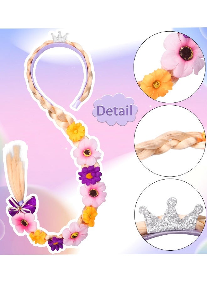 شعر مستعار طويل مضفر للأميرة رابونزيل، عصابات رأس، شعر مستعار للأميرة، قطعة شعر مع تاج وزهور ملونة للفتيات، عيد الهالوين، عيد الميلاد، حفلة تنكرية، إكسسوارات شعر، أرجواني - Image 3