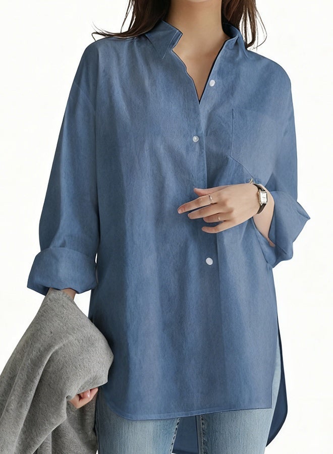 Ladies Comfortable Lapel Shirt for Daily Commute - Single-Breasted Long Sleeve Top with Simple Solid Color Design and Loose Fit - Image 1