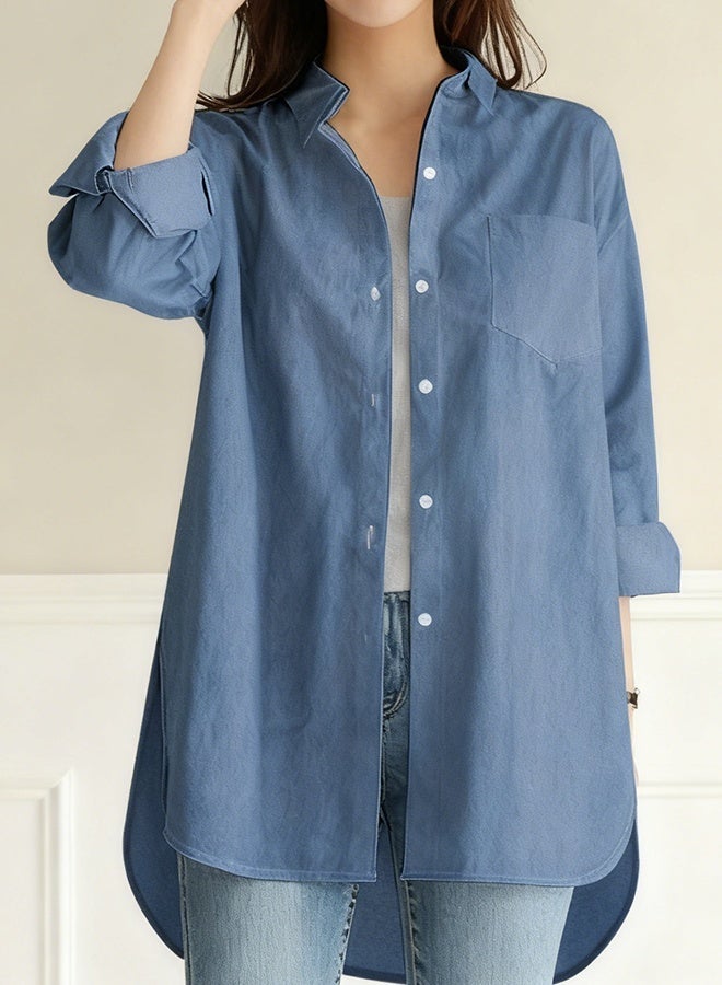 Ladies Comfortable Lapel Shirt for Daily Commute - Single-Breasted Long Sleeve Top with Simple Solid Color Design and Loose Fit - Image 3