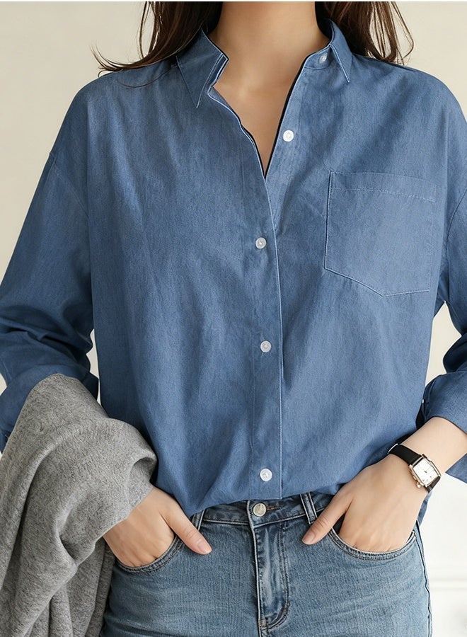 Ladies Comfortable Lapel Shirt for Daily Commute - Single-Breasted Long Sleeve Top with Simple Solid Color Design and Loose Fit - Image 4