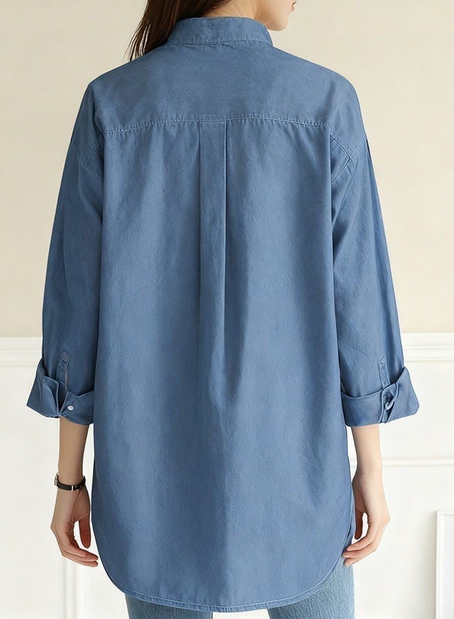 Ladies Comfortable Lapel Shirt for Daily Commute - Single-Breasted Long Sleeve Top with Simple Solid Color Design and Loose Fit - Image 5