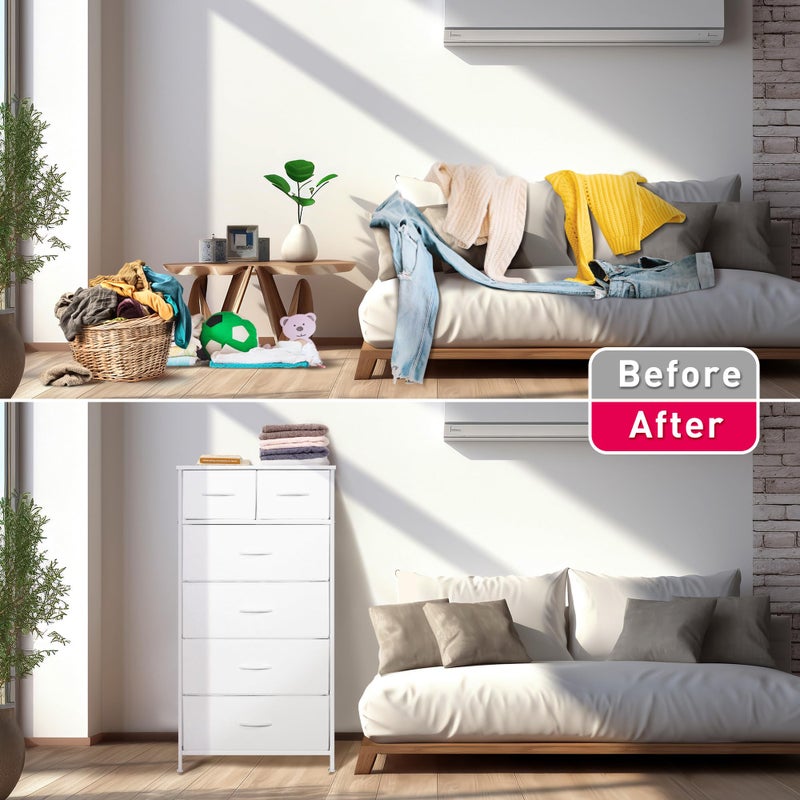 Mifuro Tall Dresser for Bedroom, Vertical Storage Organizer Tower with 6 Drawers, Chest of Drawers with Fabric Bins, Steel Frame, Wood Top for Bedroom, Closet, Entryway- White - Image 5