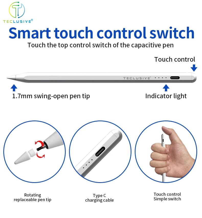 T TECLUSIVE Smart Stylus Pen Compatible for Android Tablet Galaxy Realme One Plus/iPhone 16 15 14 13 Smartphone | Pointed Tip Stylus | NO Palm Rejection Remove Tempered Glass for Working - Image 3