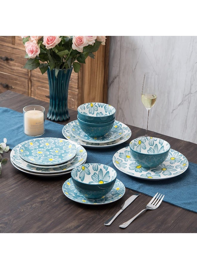 Sagoskat طقم أدوات المائدة 12 قطعة من السيراميك - طقم أطباق لخدمة 4 أشخاص - طقم أطباق وأوعية من الحجر الخزفي 12 قطعة للمطبخ - Image 3