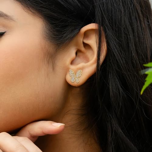 VAMA FASHIONS 18K Gold Plated Anti Tarnish AD Stone Butterfly Design Piercing Stud Earrings Lightweight Ear Studs for Women & Girls (Gold plated butterfly ear stud) - Image 4