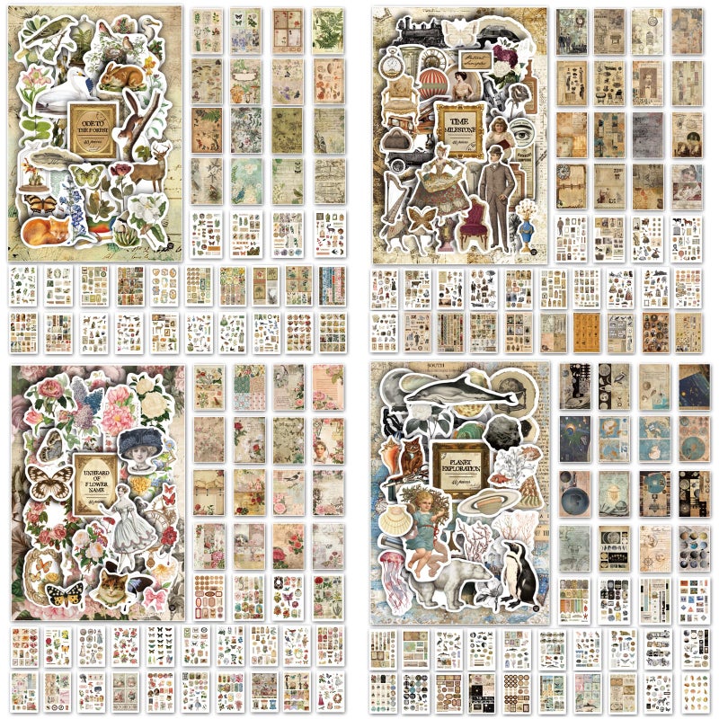 Prstincol 4 Pack Vintage Washi Stickers and Papers for Scrapbooking, 4Ã—40 Sheets Ephemera Book for Art Journaling,Stickers and Decoupage Papers for Junk Journal - Image 1